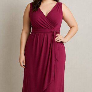 Hanna Nikole wine faux-wrap elastic waist dress 20W